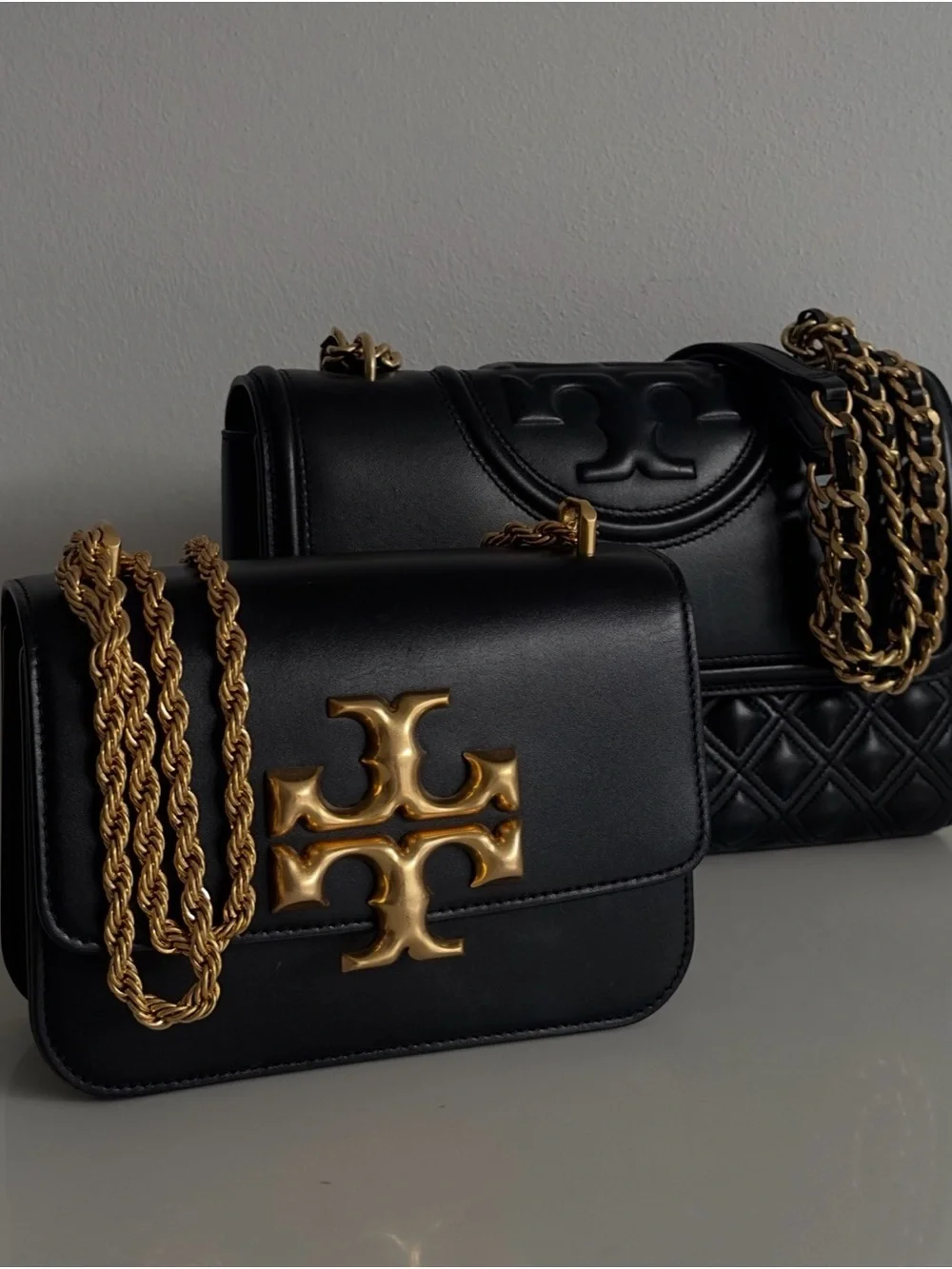 Tory Burch Black Leather Shoulder Bag with Gold Logo and Chain